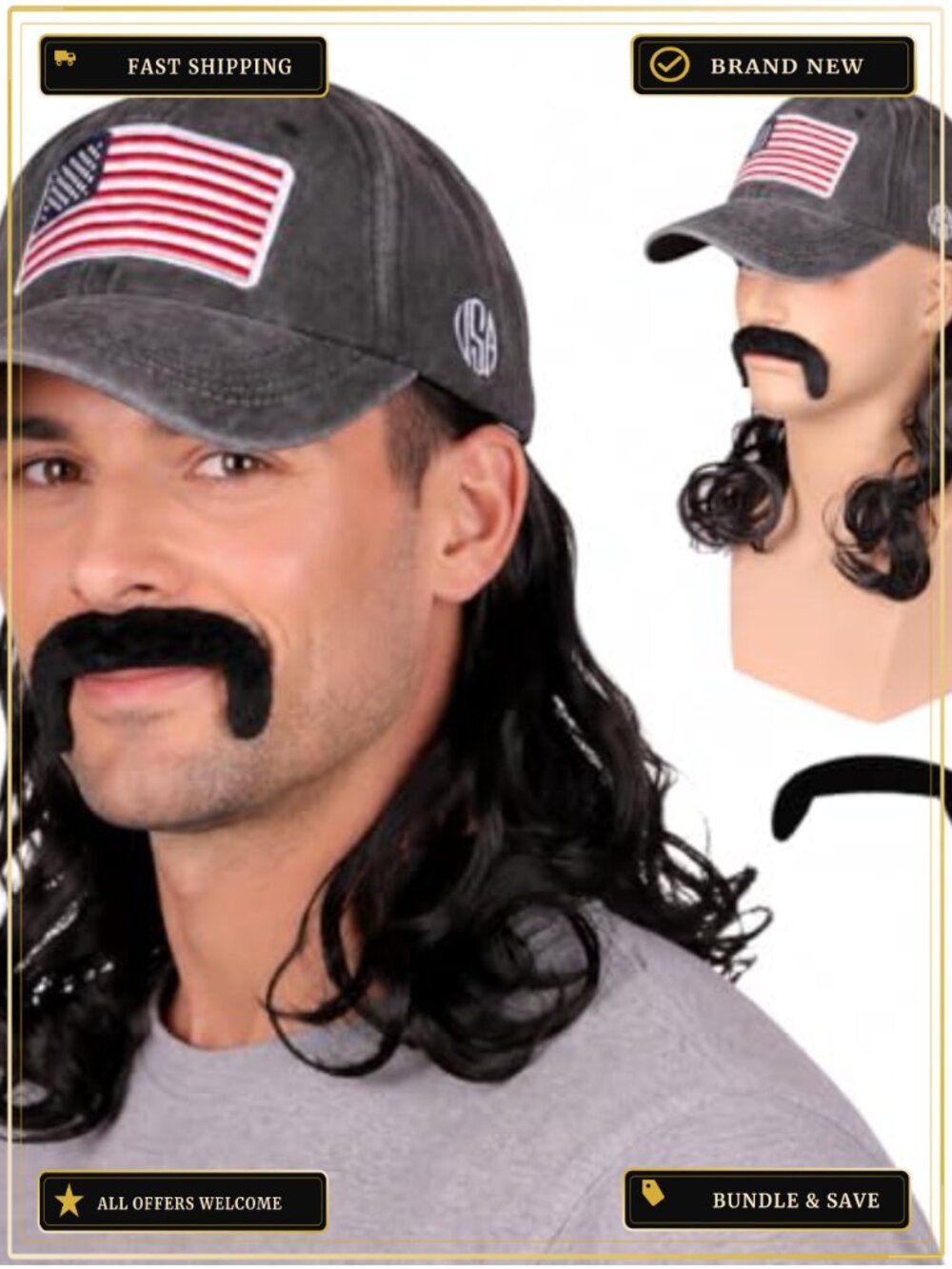Wavy Mullet Hat Wig and Mustache Set Synthetic Fiber Adjustable